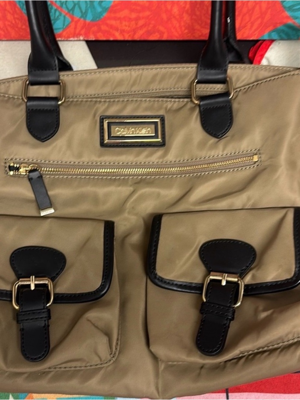 Calvin Klein Khaki Tote with Black Trim and Gold Hardware